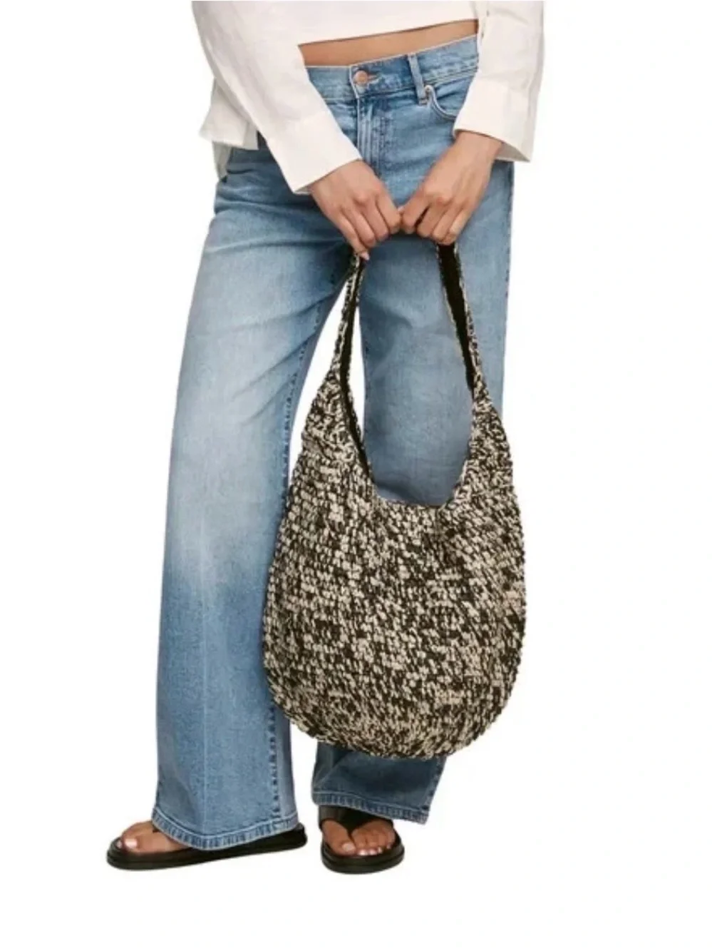 Banana Republic Raffia Tote Bag Black/Ivory Magnetic Closure Lined, Pockets